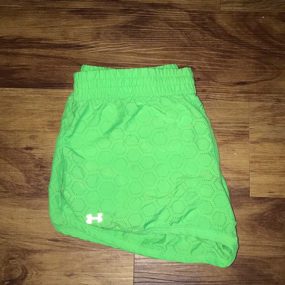 Neon green under armor running shorts